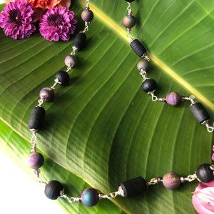 36  3/4" black Tulasi with bluish-purple druzy agate beads